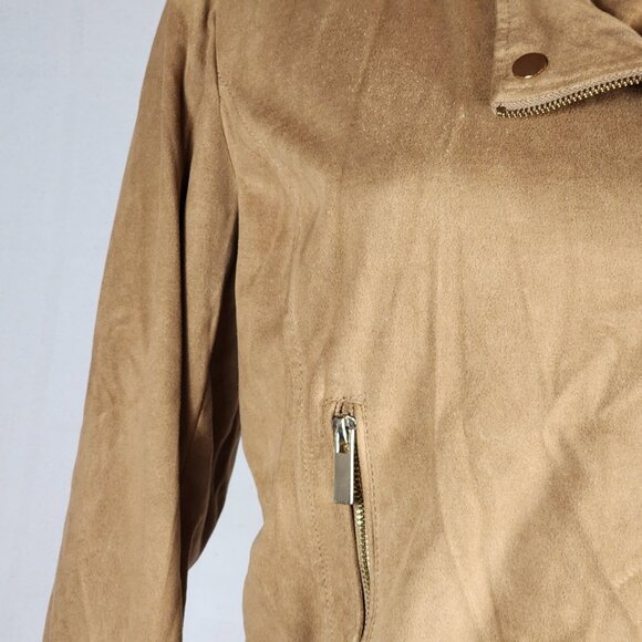 Wildflower Tan Poly Faux Suede Belted Cropped Moto Jacket with Gold Accents Sz M - Picture 9 of 16